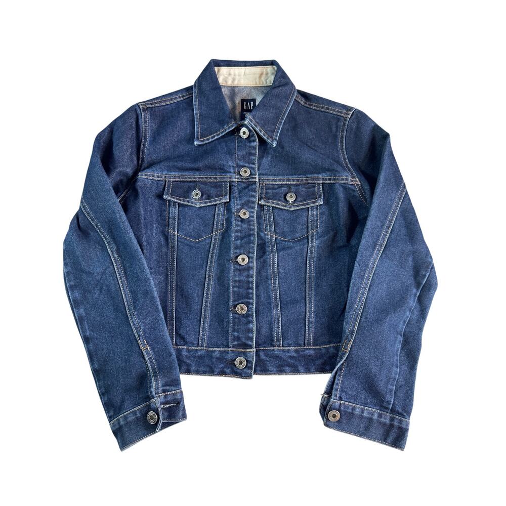 GAP Womens XS Denim Jean Jacket Dark Wash Trucker Cropped Stretch Y2K Style